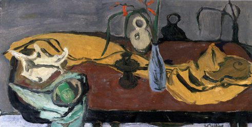 Still Life with Yellow Cloth and Blue Vase