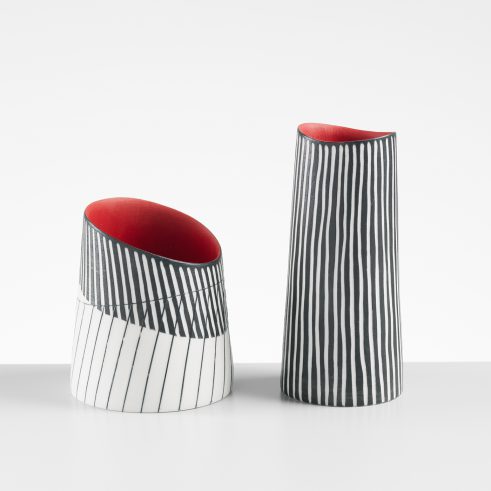 Tilted Rimmed Vessel with Red Interior & Small Vase with Red Interior
