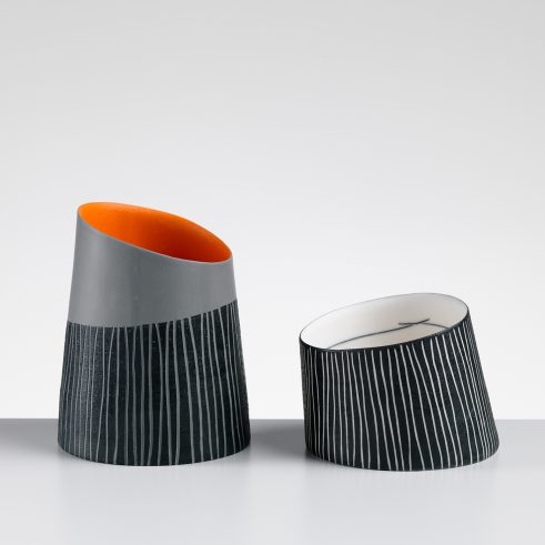 Grey Vessel with Orange & Tilted Black and White Vessel