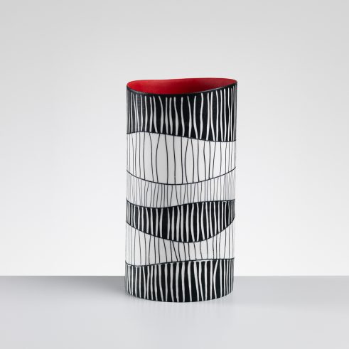 Tall Oval Vase with Red Interior