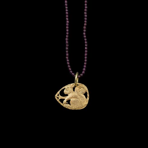 Red Squirrel in a Nut Pendant on Garnet Necklace
