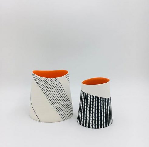 Oval Vessel with Wave Pattern, Oval Vessel with Black Sgraffito