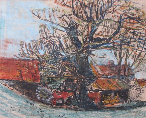 Red Roofs, Trees and Cow