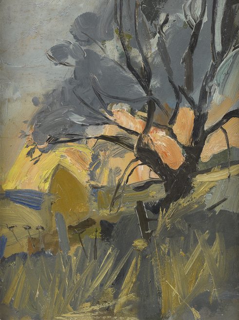 Tree and Haystacks, Sunset