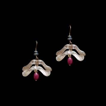 Maple Seed Double Drop Earrings with Ruby and Opal