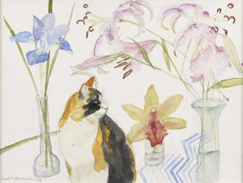 Tortoiseshell Cat, Lilies and Iris