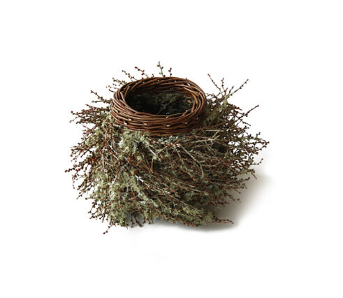 Bulbous birch twig vessel with lichen