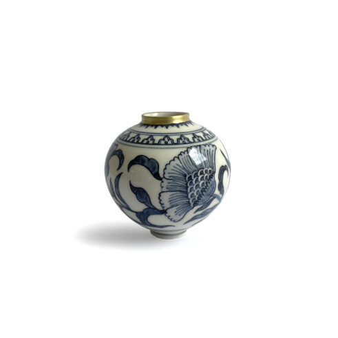 Moon Jar with Gold Rim – Flowers & Owl
