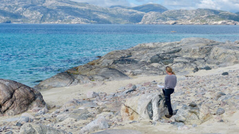 Helen drawing at Scarp, Harris