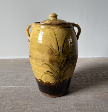 Yellow Lidded Jar with Handles and Green Slip