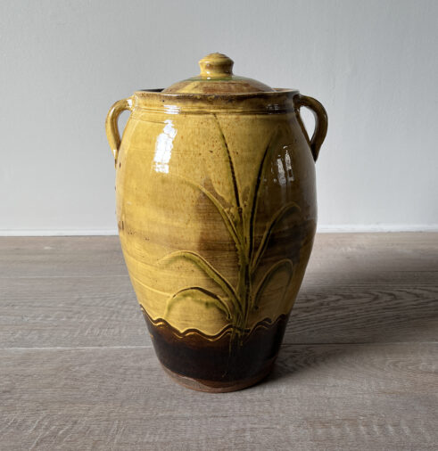 Yellow Lidded Jar with Handles and Green Slip