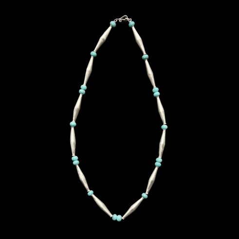 Precious White Metal Hollow Beads and Amazonite Necklace