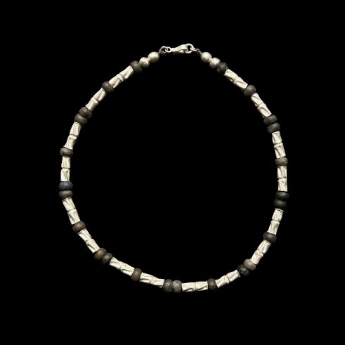 Precious White Metal Hollow Beads and Madagascan Jasper Necklace