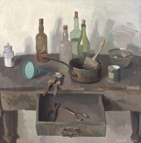 Still Life with Bottles and Open Drawer