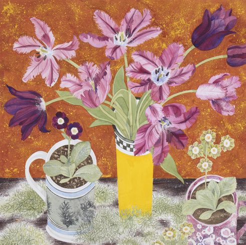 Yellow Pot with Tulips and Auriculas
