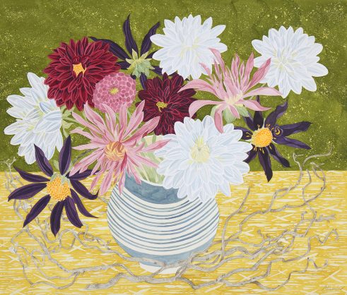 Dahlias in a Striped Cup