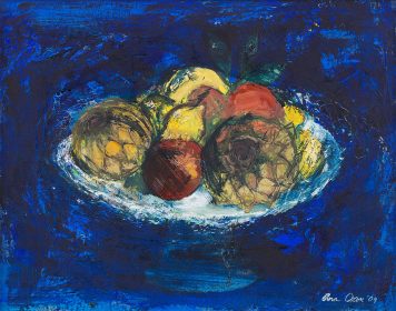 Artichokes, Lemons and Pomegranate on Blue