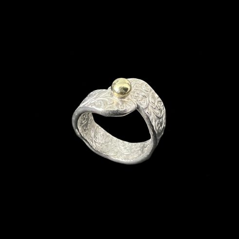 Foliate Scroll Ring with 18ct Gold Bead