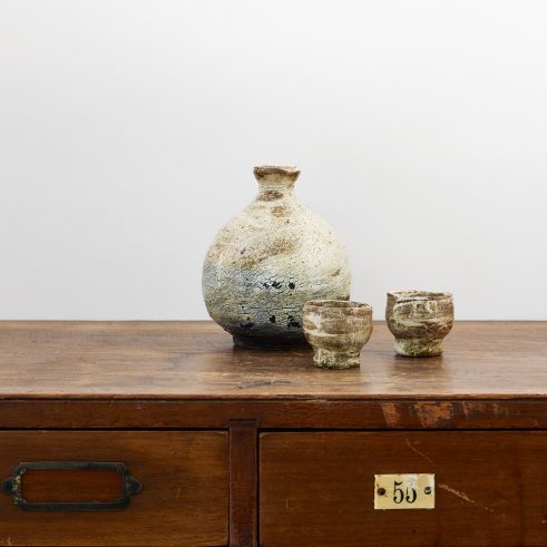 Sake Bottle Antique Hakeme Honey II & Sake Choko Hakeme Honey III & IV