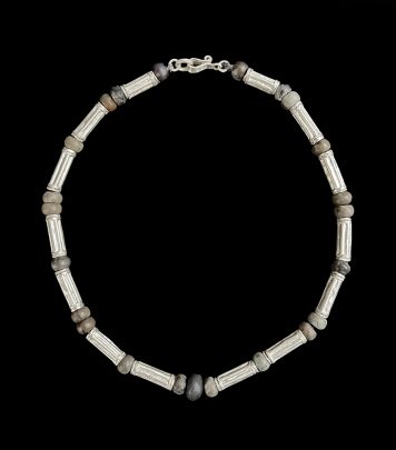 Madagascan Jasper, Black Agate & White Precious Metal Necklace