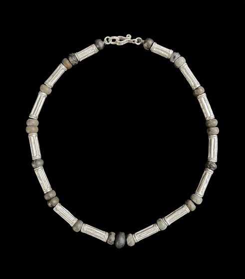 Madagascan Jasper, Black Agate & White Precious Metal Necklace