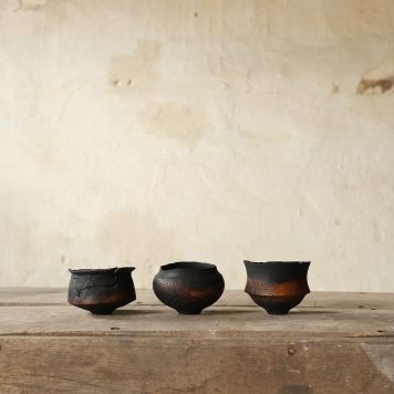 three small lightning-struck English Oak from Heathfield, Sussex with waxed cotton stitching vessels