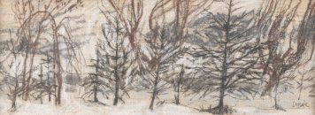 chalk and charcoal landscape of trees at Kittleyknowe by Victoria Crowe