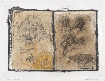 mixed media drawing of pine trees at sunset by Victoria Crowe