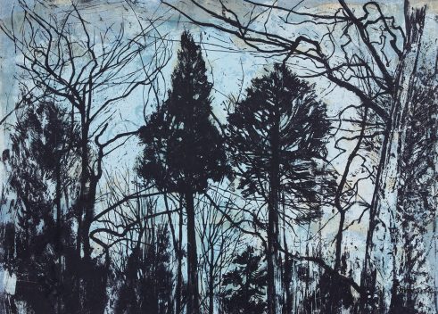 monoprint of trees against a blue sky by Victoria Crowe
