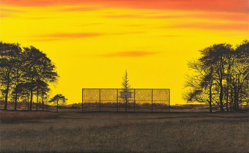 oil painting of a field and trees with yellow and orange sunset by David Rae