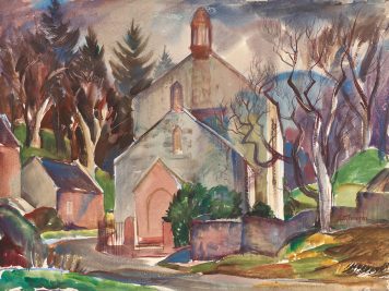 watercolour of village church and trees by Adam Bruce Thomson