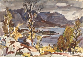 watercolour of Plockton, a mountainous landscape with rocks and trees by Adam Bruce Thomson