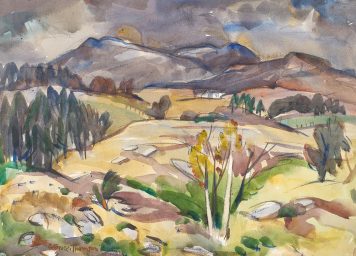 watercolour of hills with a distant house by Adam Bruce Thomson