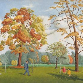 oil painting of people strolling in a park by Ula Paine