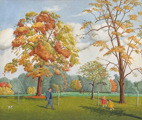 oil painting of people strolling in a park by Ula Paine