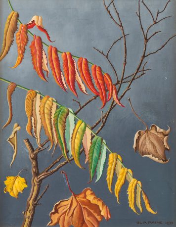 oil painting of autumn leaves falling from a tree by Ula Paine