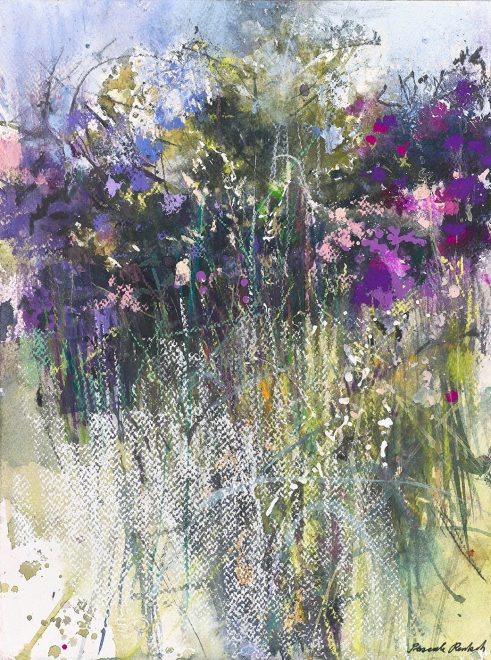mixed media on heavy weight watercolour paper of summer colours - green, blue, purple, yellow - by Pascale Rentsch