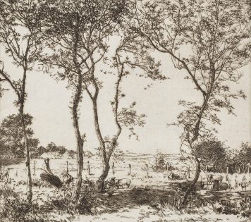 etching of sheep under trees by Adam Bruce Thomson