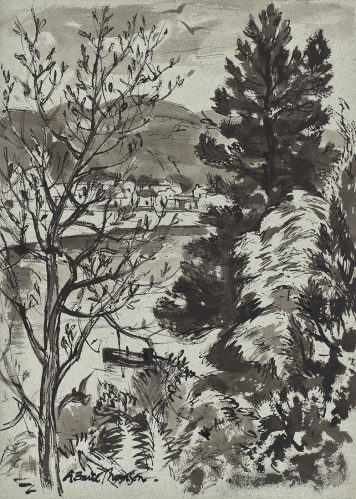 pen and ink wash on paper of hillside view by Adam Bruce Thomson
