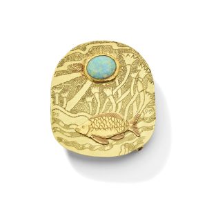 precious yellow metal, opal dotted brooch by Paul Preston