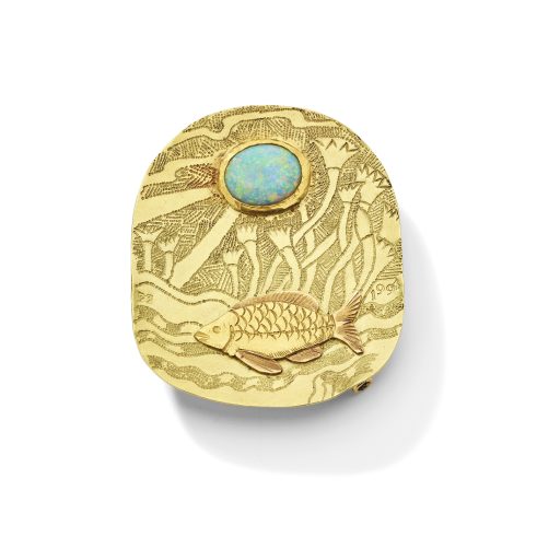 precious yellow metal, opal dotted brooch by Paul Preston