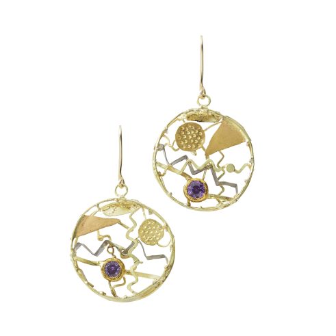 Gold Wire Frame Earrings with precious yellow metals, pink sapphires by Paul Preston