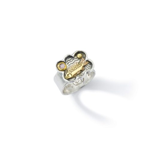gold fish ring with precious white and yellow metals, pink sapphire by Paul Preston