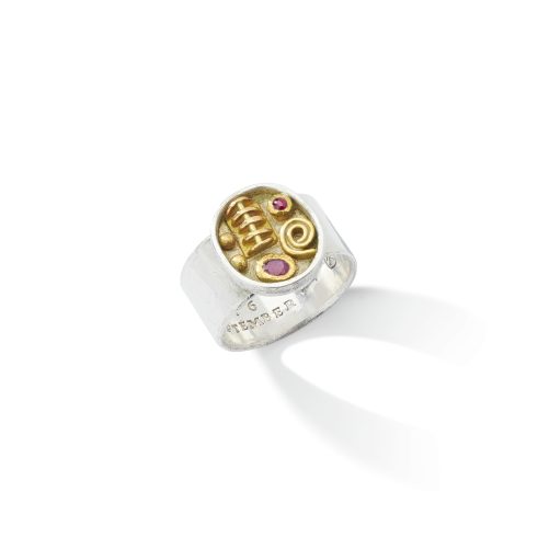 precious white and yellow metals, ruby, emerald ring by Paul Preston