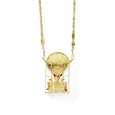 Moles in a Hot Air Balloon Necklace made of precious yellow metal, ruby, beads, by Paul Preston