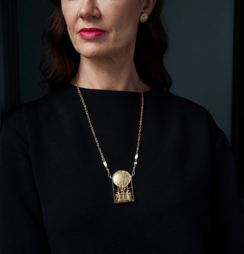 Moles in a Hot Air Balloon Necklace and Gold Disc with Mole Earrings, 2009