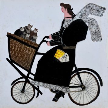 Painting of a woman in a black coat with a flowing scarf riding a bike with basket full of cats on the front