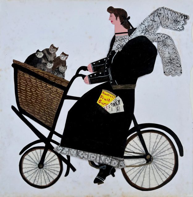 Painting of a woman in a black coat with a flowing scarf riding a bike with basket full of cats on the front