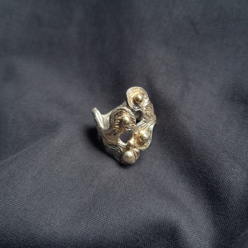 Silver & Gold Engraved Swirl Ring with Beads