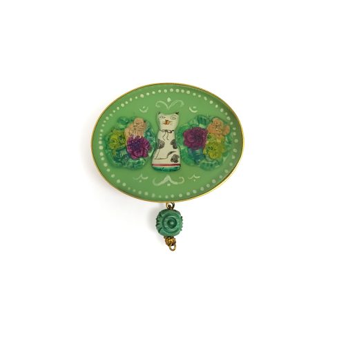 Large Oval Staff Cat and Floral Brooch
